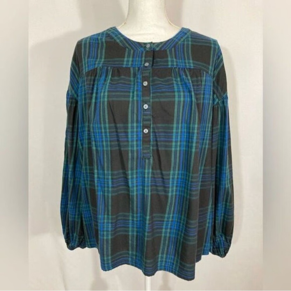 Every Moment XL Blue/Black/Green Plaid Button-Up Blouse EUC PTP 29/30